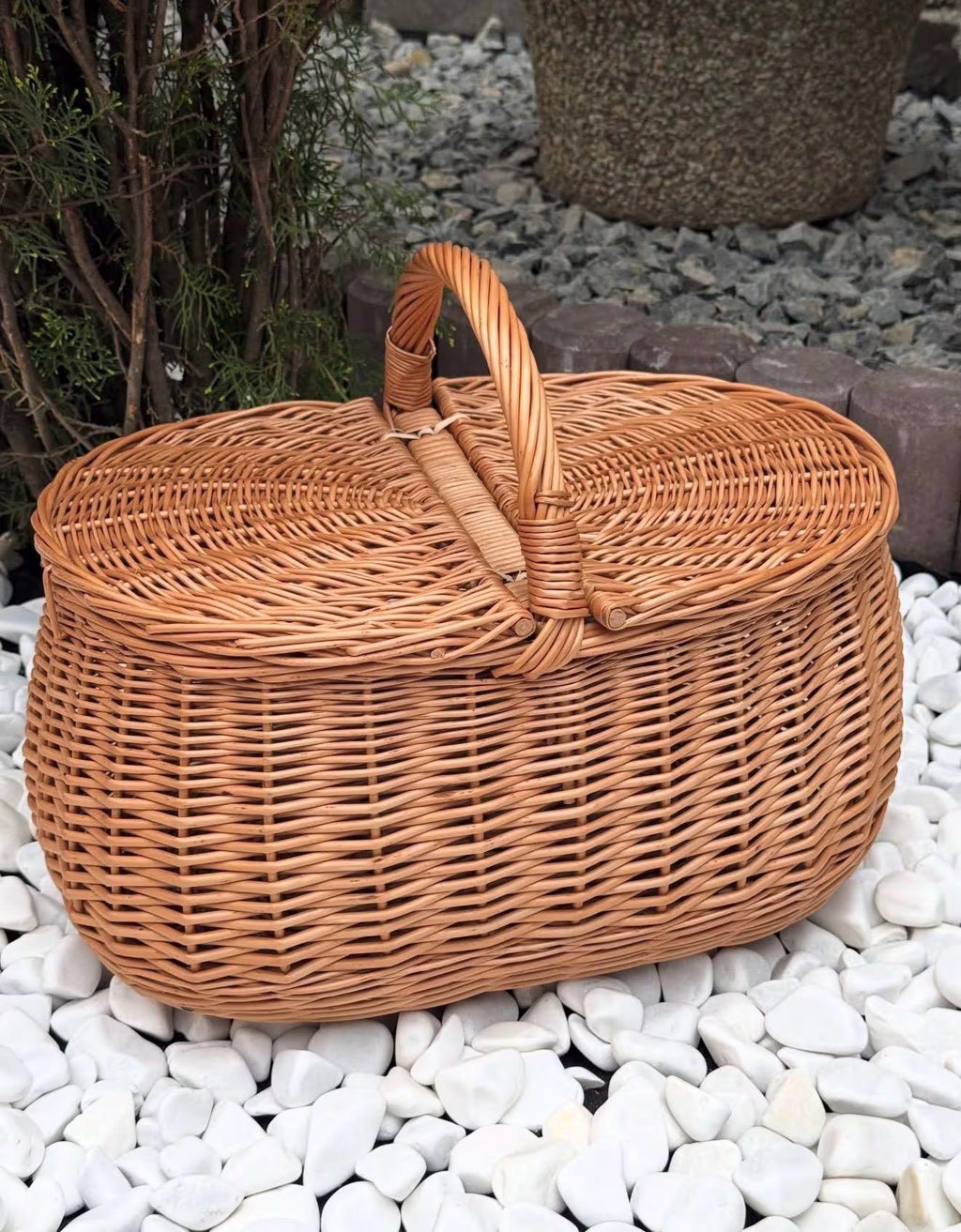Natural Willow Picnic Basket with Lid | Handmade Wicker Picnic Basket | Large Rustic Gift Basket